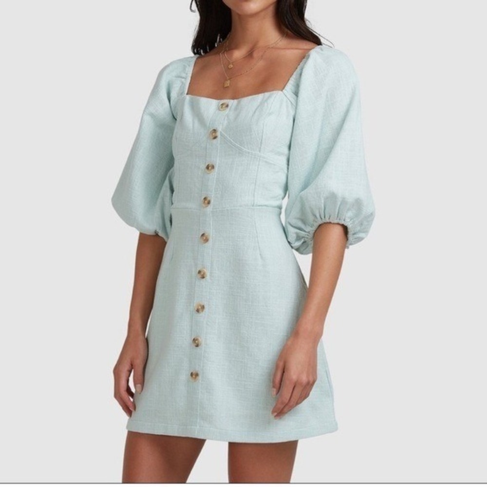 Billabong White Sand Dress Mint Blue Cotton Puff Sleeve Mini ABJWD00279 Size M10